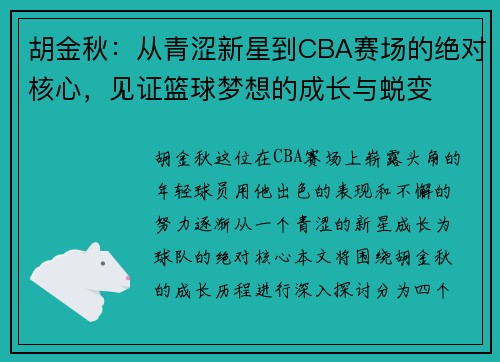 胡金秋：从青涩新星到CBA赛场的绝对核心，见证篮球梦想的成长与蜕变